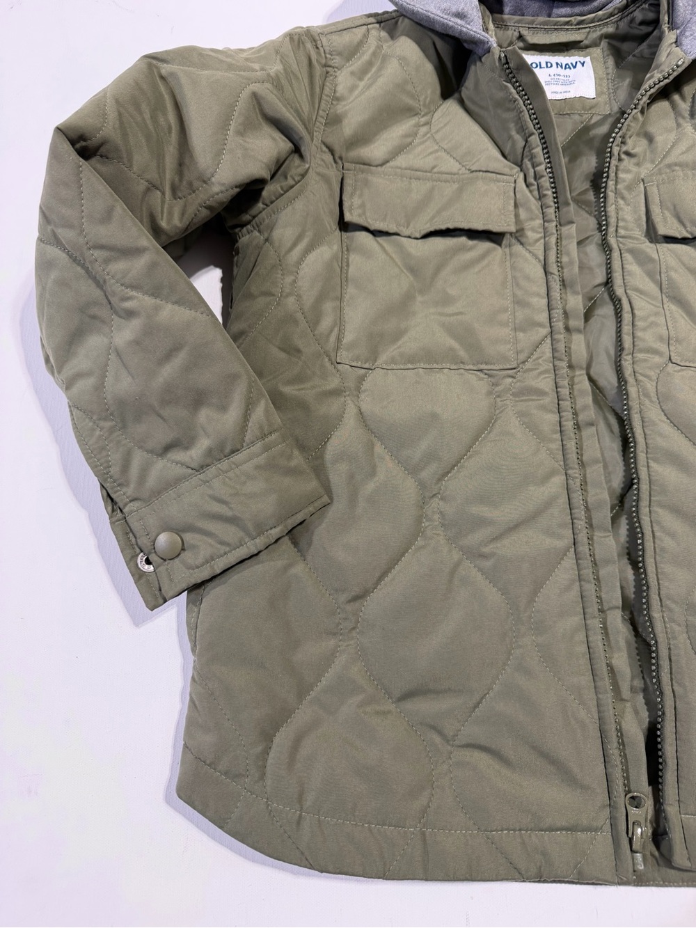 Old Navy Olive Green Quilted Jacket with Gray Hood - Picture 3 of 5